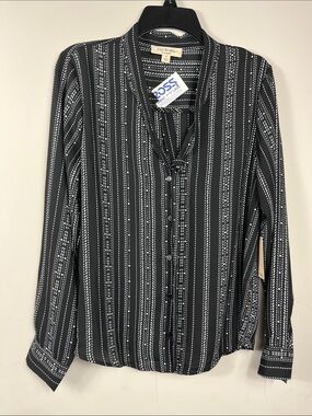 No Frills Los Angeles Black White Stripe Blouse Tie Neck Size M NWT